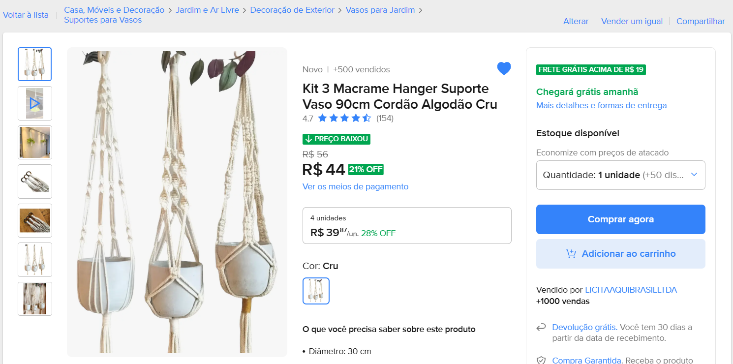 Recorte real do anúncio no Mercado Livre